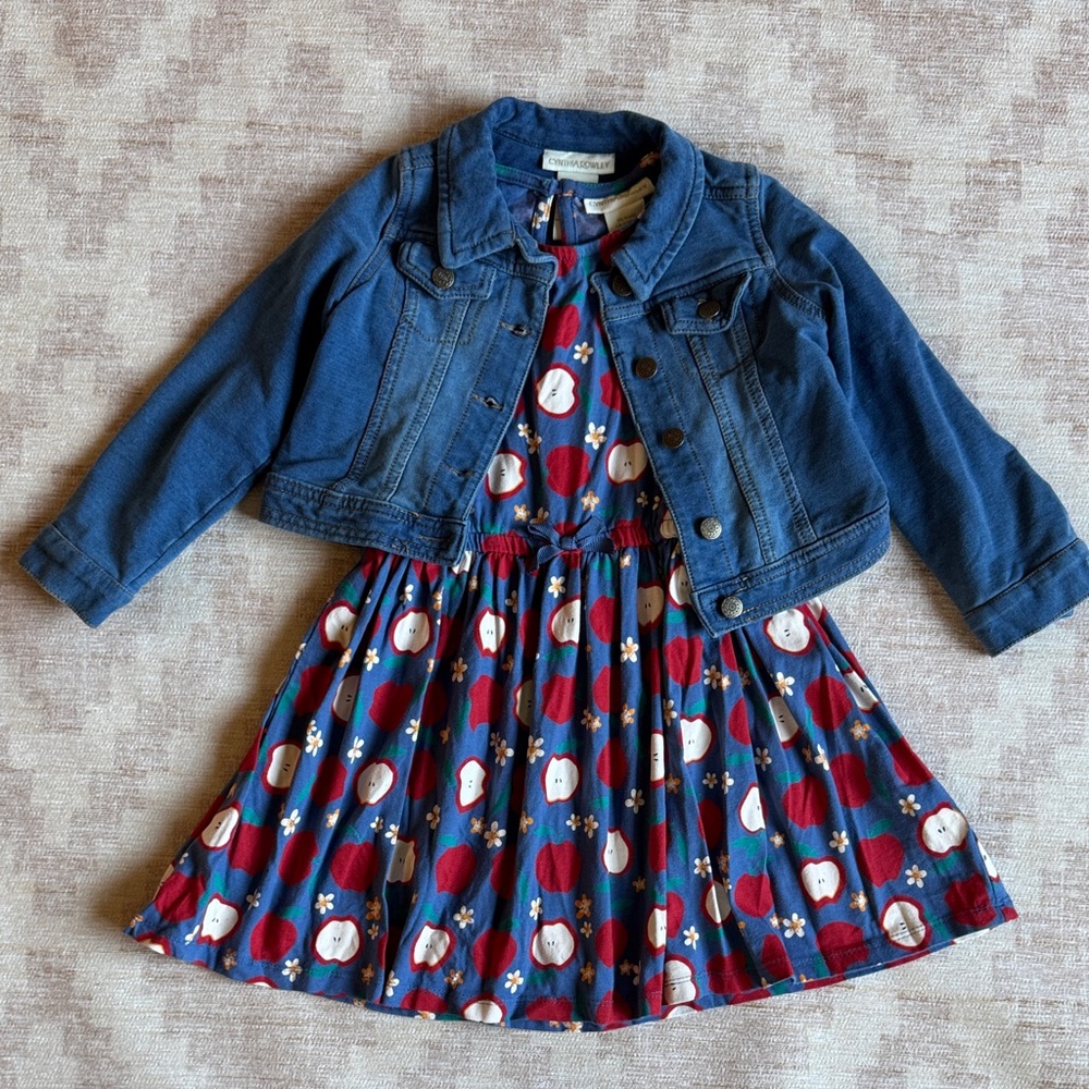 Cynthia Rowley Back to School Apple  Dress with Denim Crop Jacket Set size 5/6